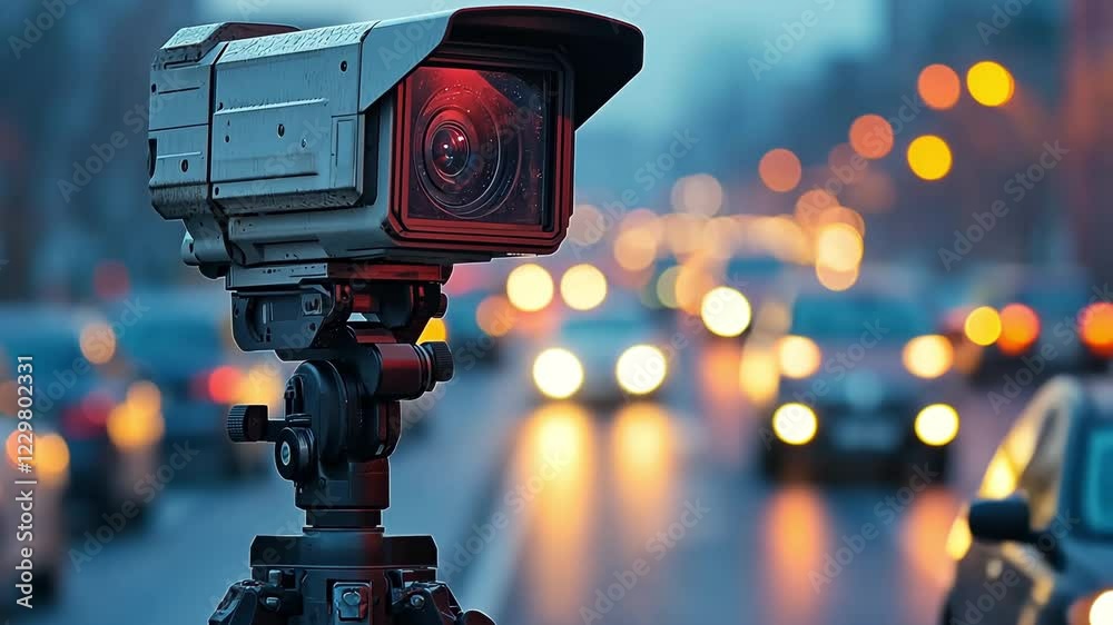 Footage shows a busy city street during twilight. A camera on a tripod records the flow of cars while city lights create an atmospheric backdrop enhancing the lively urban environment.