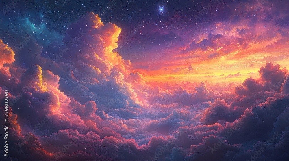 Vibrant sky filled colorful fluffy clouds and twinkling stars floating across a dreamy backdrop of soft pinks purples and blues creating a magical and serene atmosphere Vibrant sky filled colorful fluffy clouds and twinkling stars floating across a dreamy backdrop of soft pinks purples and blues creating a magical and serene atmosphere