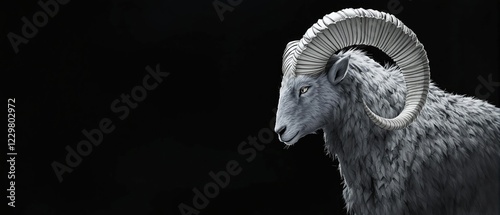 Beautiful and powerful white ram with impressive curled horns on a dark backdrop, sheep, majestic, wildlife, beautiful, backdrop