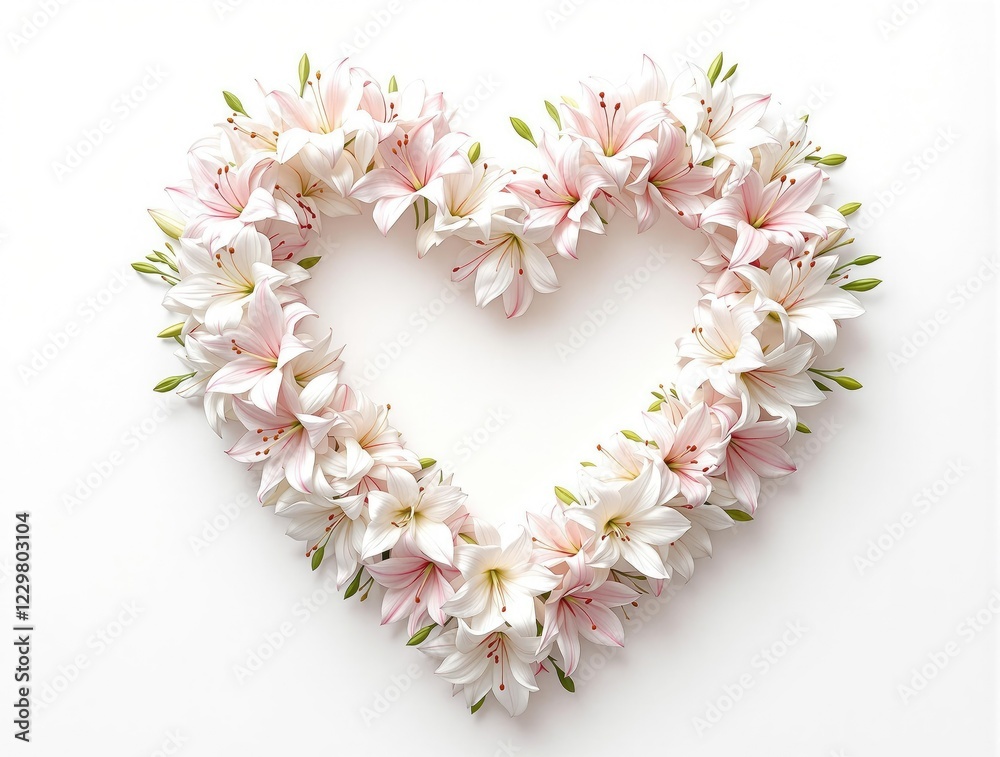 Obraz premium Beautiful heart-shaped arrangement of white and pink lilies on a white backdrop, romantic, wedding, Valentine's Day, celebration