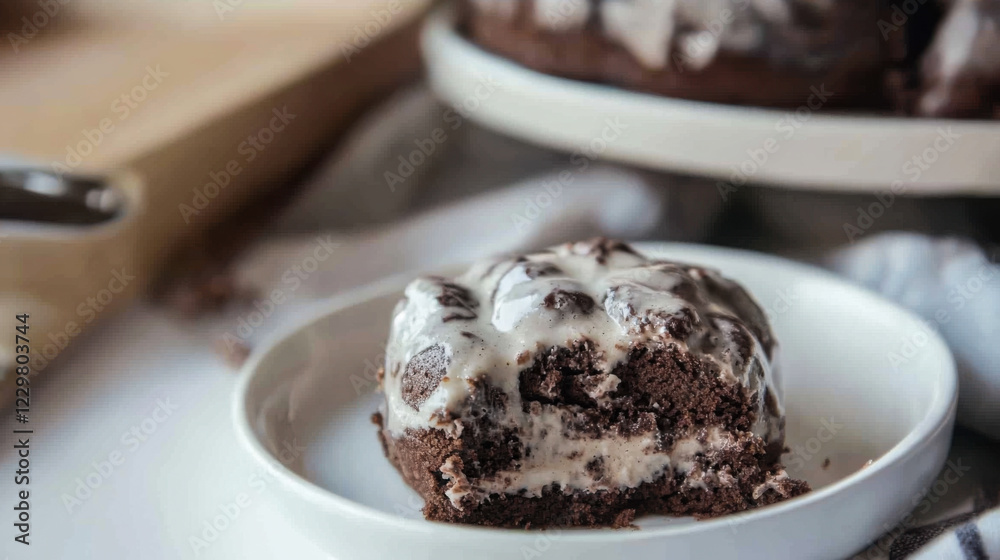 Decadent chocolate cake with creamy filling served on a plate at a cozy kitchen setting Decadent chocolate cake with creamy filling served on a plate at a cozy kitchen setting