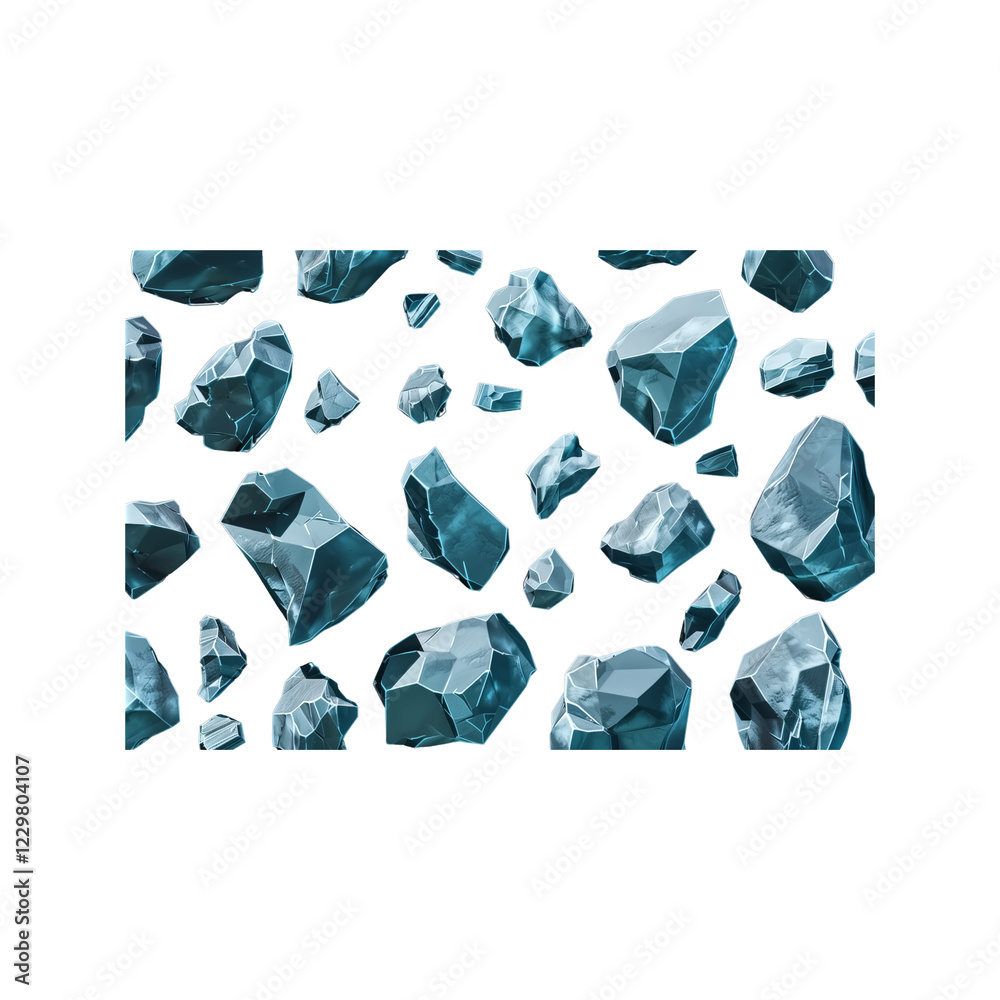 Naklejka premium Set of cyan-blue rocks on a black background, 3D rendered illust