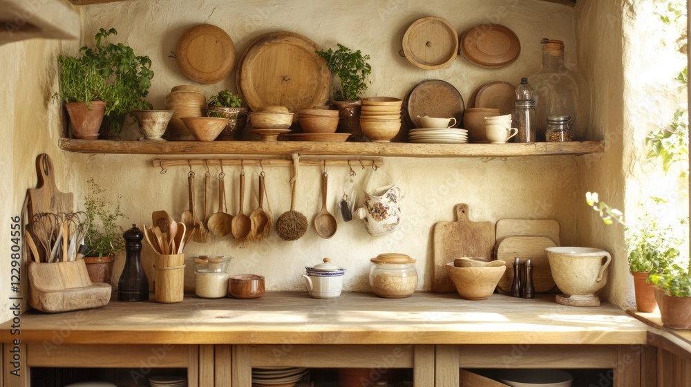 A rustic kitchen with natural stone countertops and bamboo shelving. A rustic kitchen with natural stone countertops and bamboo shelving.