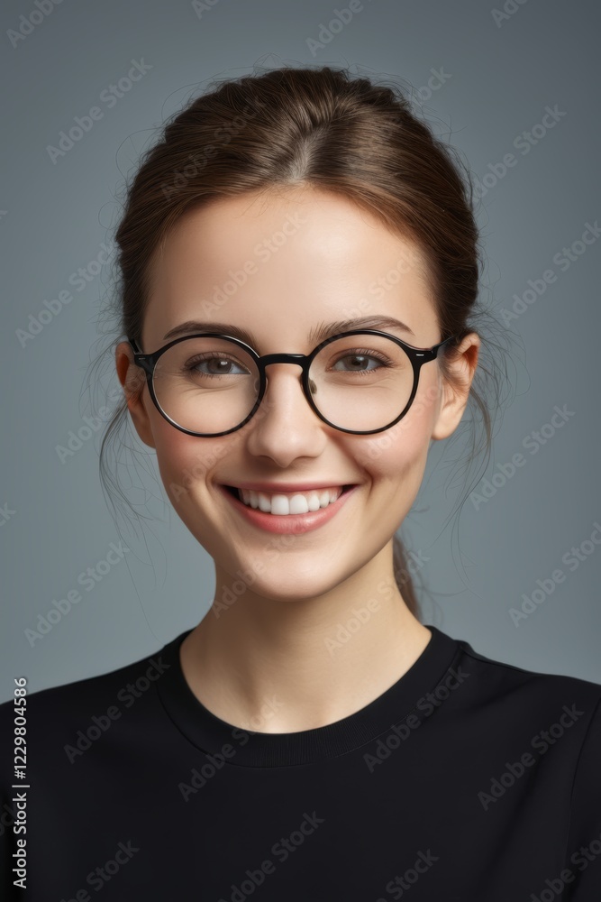 smiling woman wearing glasses and a black top smiling woman wearing glasses and a black top