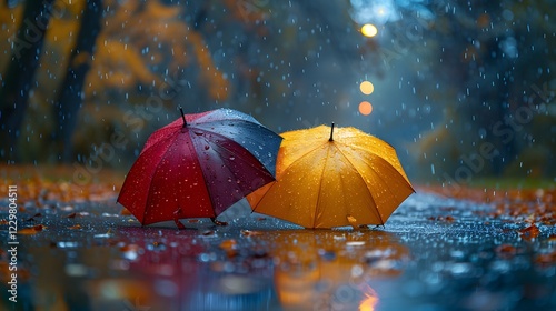 Wallpaper Mural Two colorful umbrellas leaning together under a light drizzle in a green park. Torontodigital.ca