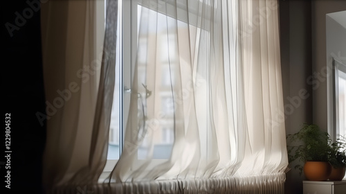 a window with curtains and a pot of plants