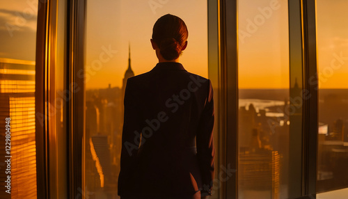 Back view of a businesswoman in office standing in front of a skyline of a modern city, golden hour photo