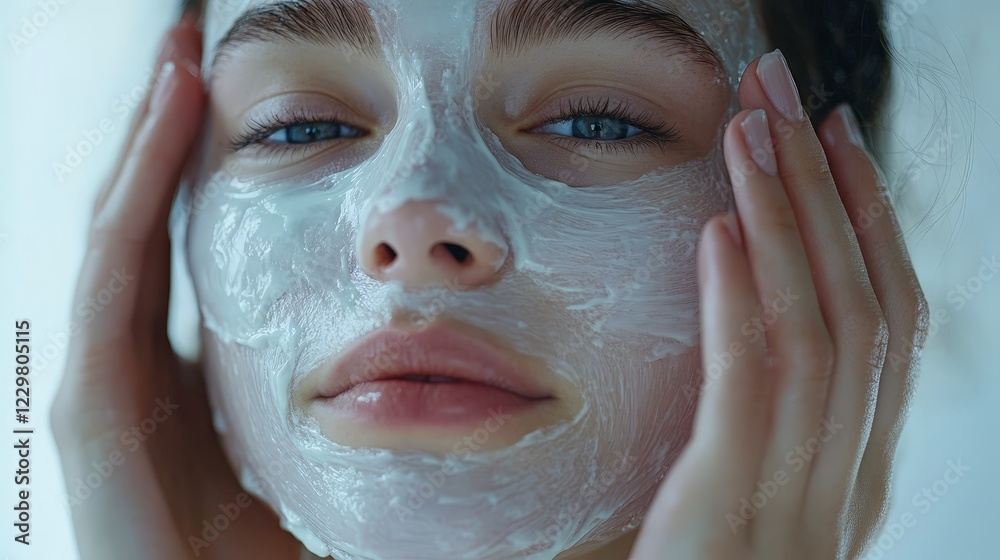 Fototapeta premium Relaxed woman receiving a facial treatment at a spa. Ideal for wellness, skincare, and beauty-related promotions. Perfect for salons, spa ads, and skincare brands.