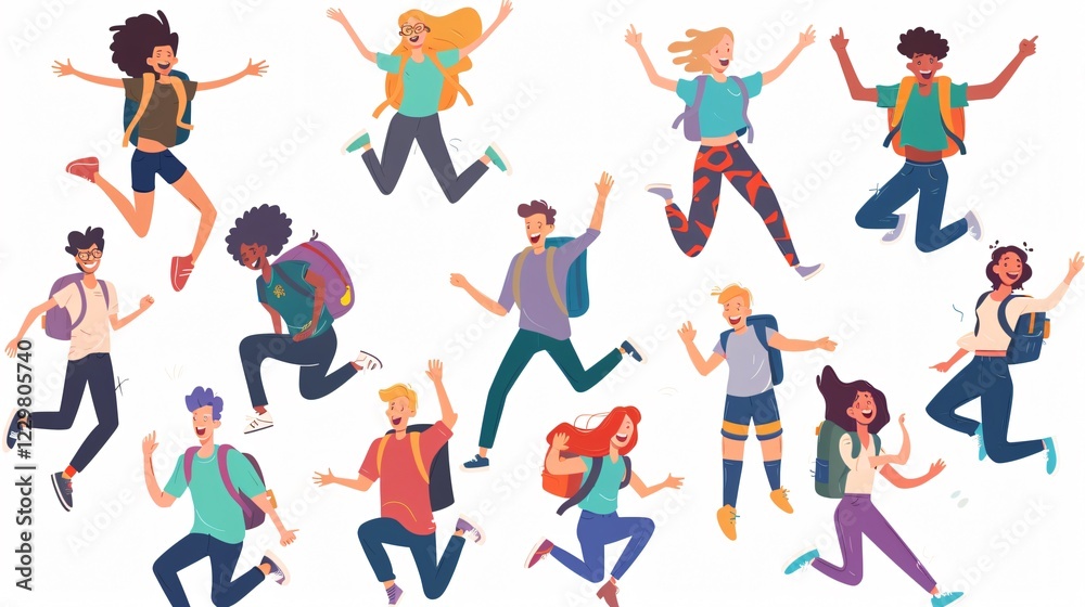 Diverse Cartoon Students Jumping Poses for Joyful Happiness