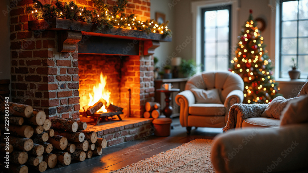Cozy Winter Scene with Roaring Fireplace, Festive Decor, and Inviting Armchairs for Holiday Marketing and Home Décor Cozy Winter Scene with Roaring Fireplace, Festive Decor, and Inviting Armchairs for Holiday Marketing and Home Décor