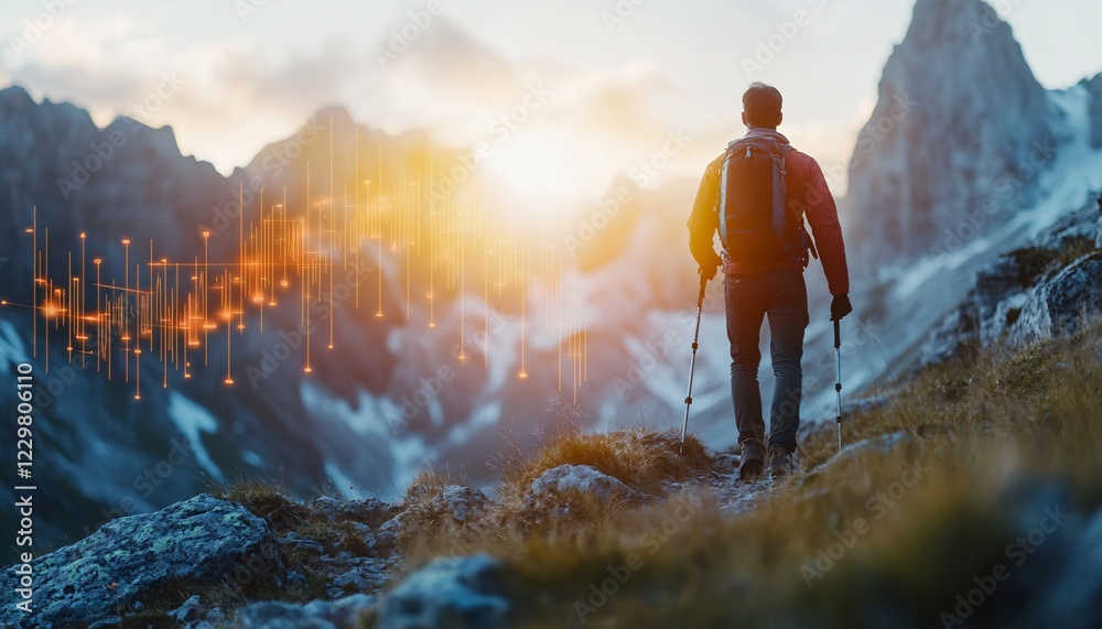 Obraz premium A lone hiker braves the rugged mountain terrain, embodying the spirit of adventure and freedom, capturing the essence of a Trader Nomad.