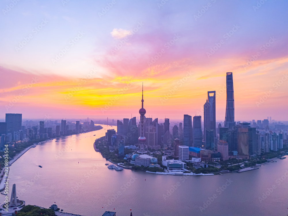 Fototapeta premium Aerial view of the beautiful fire clouds at sunrise in Shanghai