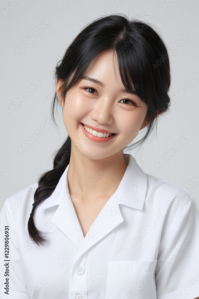 smiling asian woman in white shirt and ponytail braids smiling asian woman in white shirt and ponytail braids