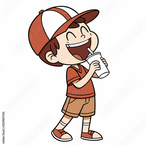 Happy Boy Enjoying Refreshing Drink Cartoon Illustration