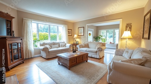 A cozy living room with light-colored sofas, a coffee table, and natural light from large windows.