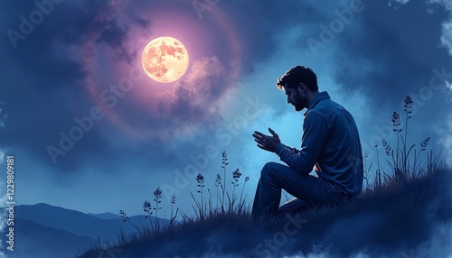 Man praying at night under full moon with mystical sky.