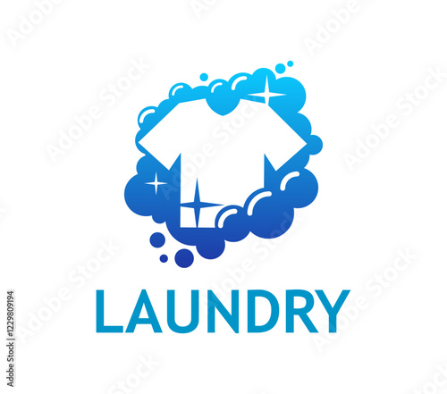 Laundry icon features a shirt silhouette enveloped in bubbles and sparkling stars, symbolizing cleanliness and freshness. Vector emblem in blue and white colors for professional wash service brand