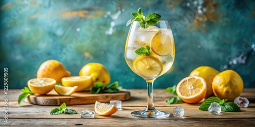 Citrusy summer spritzer in a wine glass filled with ice and garnished with lemon slices, bubbly, summer spritzer, colorful, fun photo