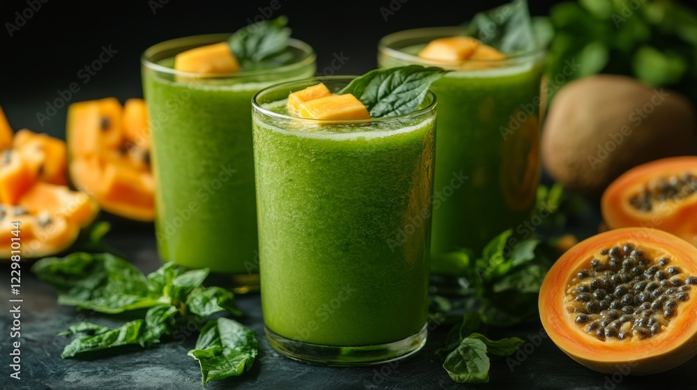 Three glasses of green juice with a slice of mango on top. A pomegranate is on the right Three glasses of green juice with a slice of mango on top. A pomegranate is on the right