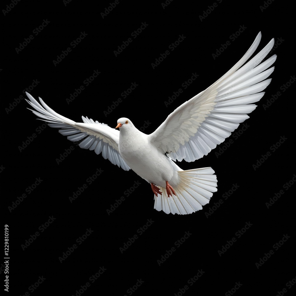Fototapeta premium Close-up of a dove in mid-flight against a black backdrop, inspiration, silhouette, purity, contrast, beauty
