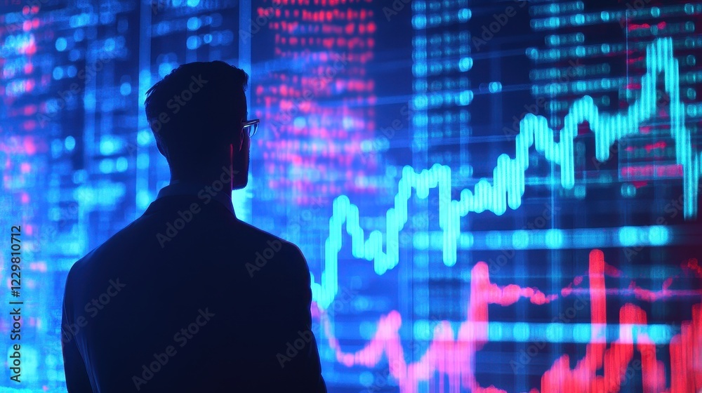 Rising stock graphs with glowing blue lines (close up, focus on, copy space) vibrant colors for financial theme, double exposure silhouette with businessman analyzing data. Rising stock graphs with glowing blue lines (close up, focus on, copy space) vibrant colors for financial theme, double exposure silhouette with businessman analyzing data.