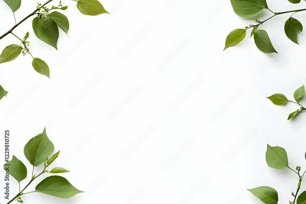 Green leaves frame, white background, spring Green leaves frame, white background, spring