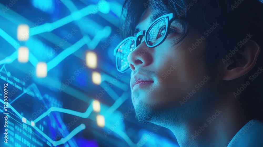 Rising stock graphs with glowing blue lines (close up, focus on, copy space) vibrant colors for financial theme, double exposure silhouette with businessman analyzing data. Rising stock graphs with glowing blue lines (close up, focus on, copy space) vibrant colors for financial theme, double exposure silhouette with businessman analyzing data.