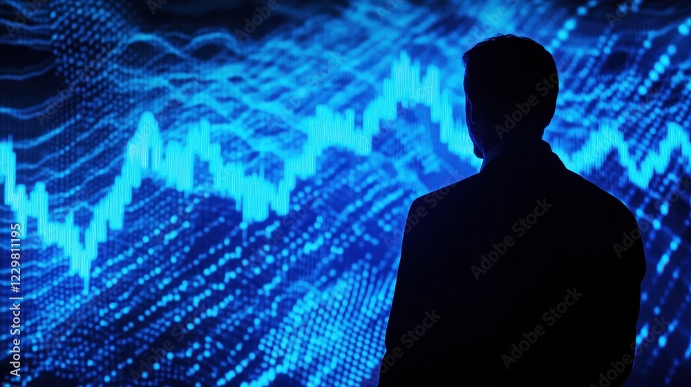 Rising stock graphs with glowing blue lines (close up, focus on, copy space) vibrant colors for financial theme, double exposure silhouette with businessman analyzing data. Rising stock graphs with glowing blue lines (close up, focus on, copy space) vibrant colors for financial theme, double exposure silhouette with businessman analyzing data.