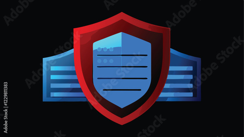 A digital pixelated shield protecting a network of servers and cloud technologies, with holographic codes and passwords, in a modern infographic style.