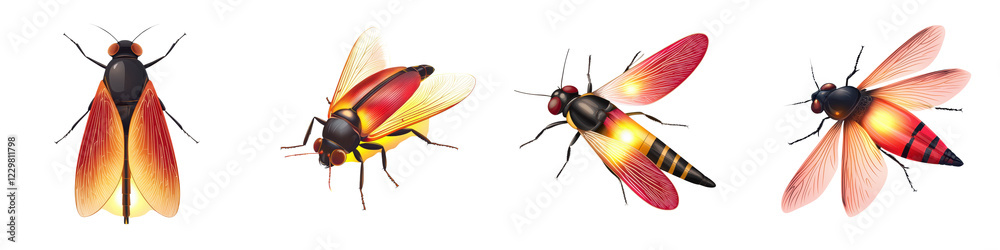 A diverse collection of beautifully vibrant and intricate flying insects including bees flies and other arthropods showcasing their unique shapes sizes patterns and colors