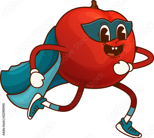 Groovy superhero plum fruit character. Isolated cartoon vector super hero defender retro personage in blue cape, mask and hippie sneakers. Funky fairytale healthy food, smiling plant with big eyes