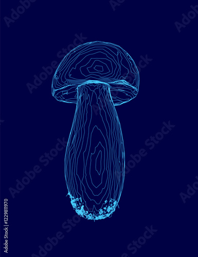 Mushroom is shown in a blue color. The mushroom is shown in a very detailed manner, with its stem and cap clearly visible. The image has a very artistic and creative feel to it