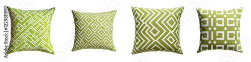 Vibrant Green Geometric Patterned Decorative Throw Pillows Arranged on a Contemporary Sofa or Couch in a Minimalist Home Interior Design Setting