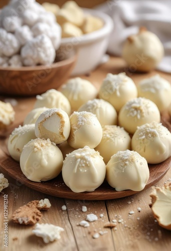 Wallpaper Mural Close-up of white chocolate truffles on a light wooden table, dessert buffet, soft center Torontodigital.ca