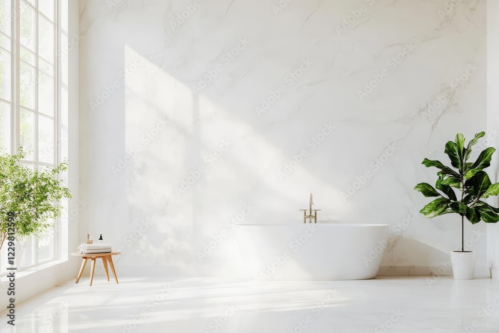 This serene bathroom features an empty white wall and detailed marble floor, showcasing a sleek bathtub with soft natural light illuminating the space, creating a calming atmosphere This serene bathroom features an empty white wall and detailed marble floor, showcasing a sleek bathtub with soft natural light illuminating the space, creating a calming atmosphere