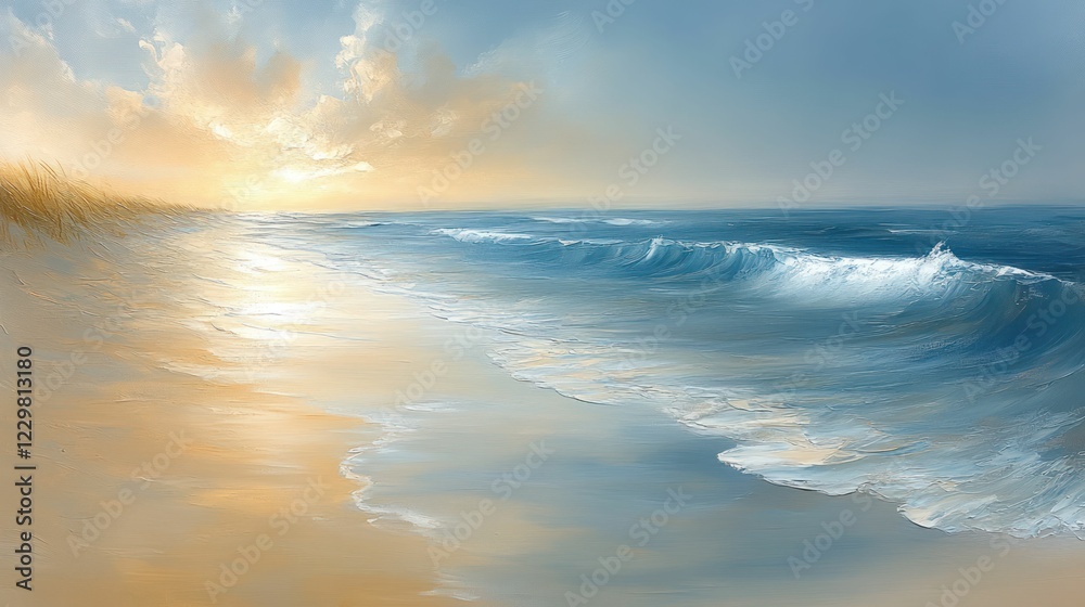 Fototapeta premium Serene sunset beach scene, calming ocean waves.