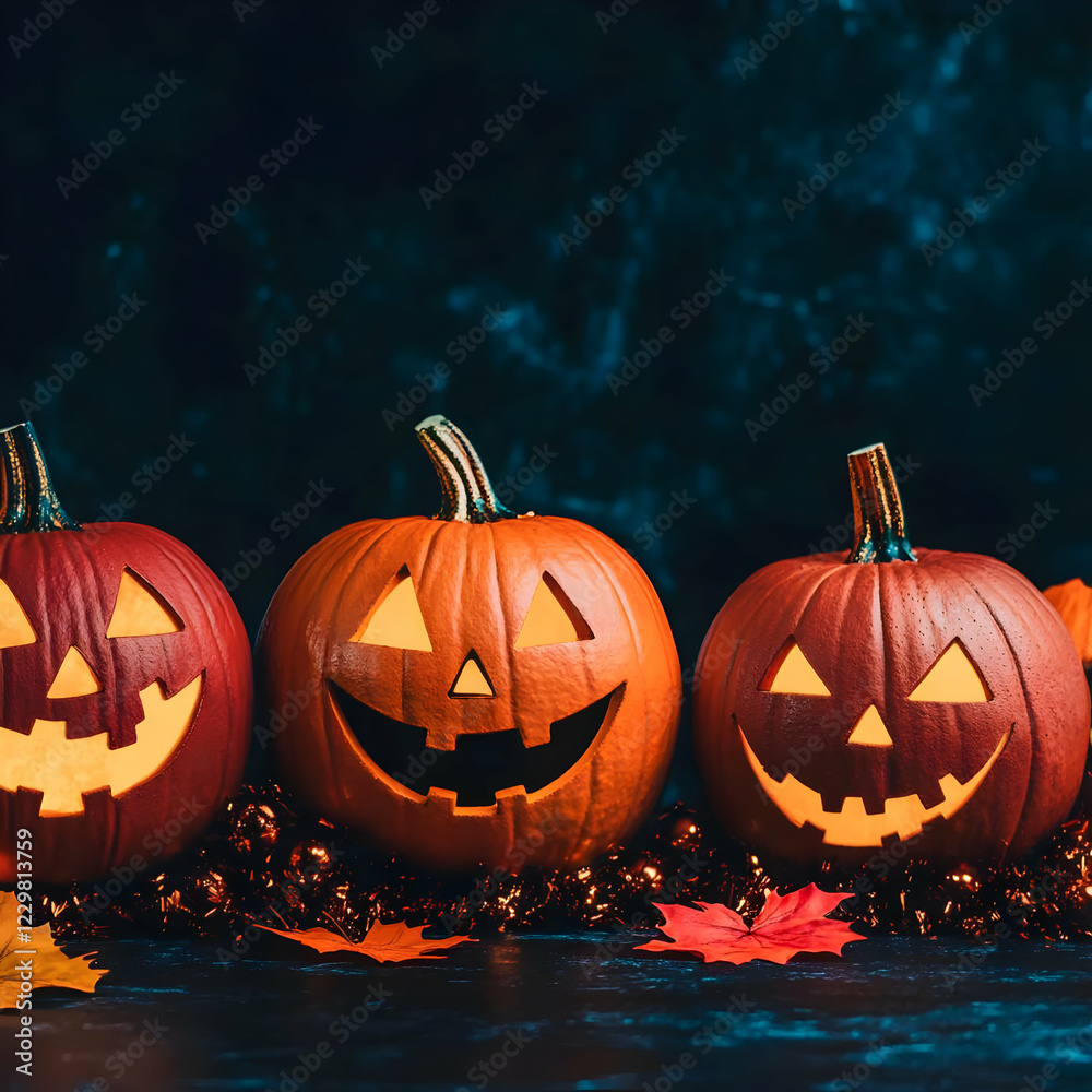 Lit jack-o'-lanterns, autumn leaves, dark background Lit jack-o'-lanterns, autumn leaves, dark background