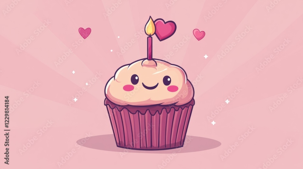 A happy cartoon cupcake with a heart-shaped candle and a smiling face for Valentine's Day A happy cartoon cupcake with a heart-shaped candle and a smiling face for Valentine's Day