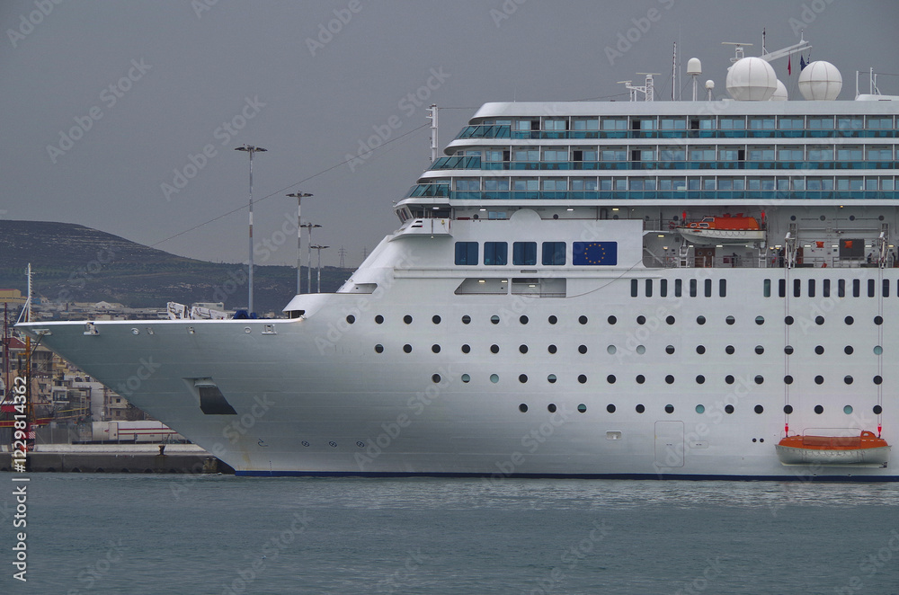Luxury classic cruiseship cruise ship liner Romantica docked in port of Heraklion, Crete in Greece during Winter Mediterranean Greek Island cruising Luxury classic cruiseship cruise ship liner Romantica docked in port of Heraklion, Crete in Greece during Winter Mediterranean Greek Island cruising