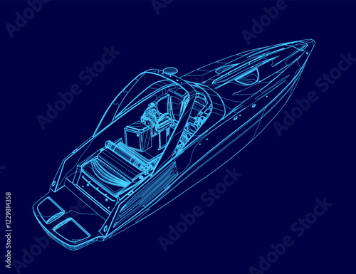 Blue boat outline. The boat is shown in a blue color scheme