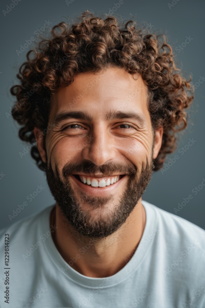 smiling man with curly hair and beard wearing white shirt smiling man with curly hair and beard wearing white shirt
