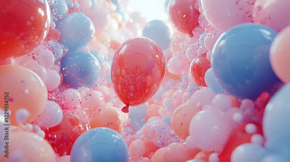 Red balloon surrounded by pastel balloons and confetti.