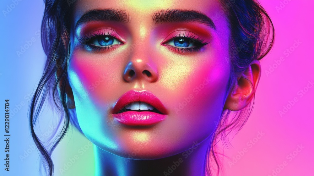 Obraz premium Vibrant Glamour Portrait Of A Woman, Colorful Lights Effect, Close-up View, Generated AI
