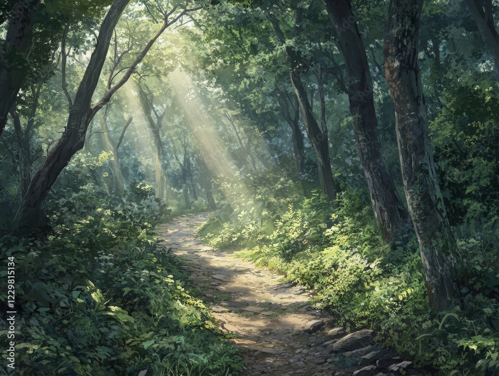 Fototapeta premium Lush green forest trail with sunlight breaking through trees in a serene natural setting. Generative AI