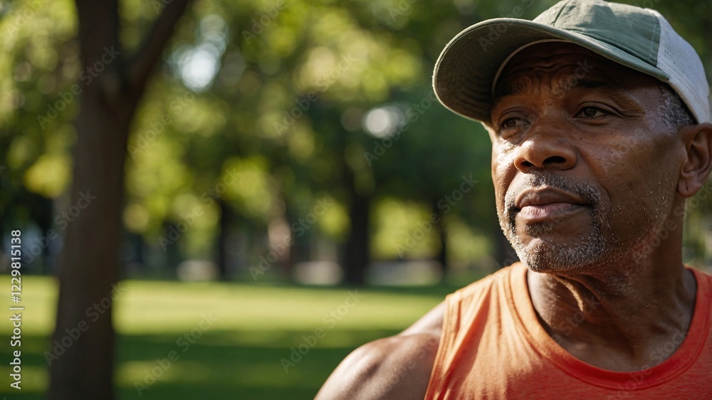 Obraz premium Embracing wellness through outdoor reflection in a sunlit park setting with a thoughtful man engaged in health-conscious lifestyle choices