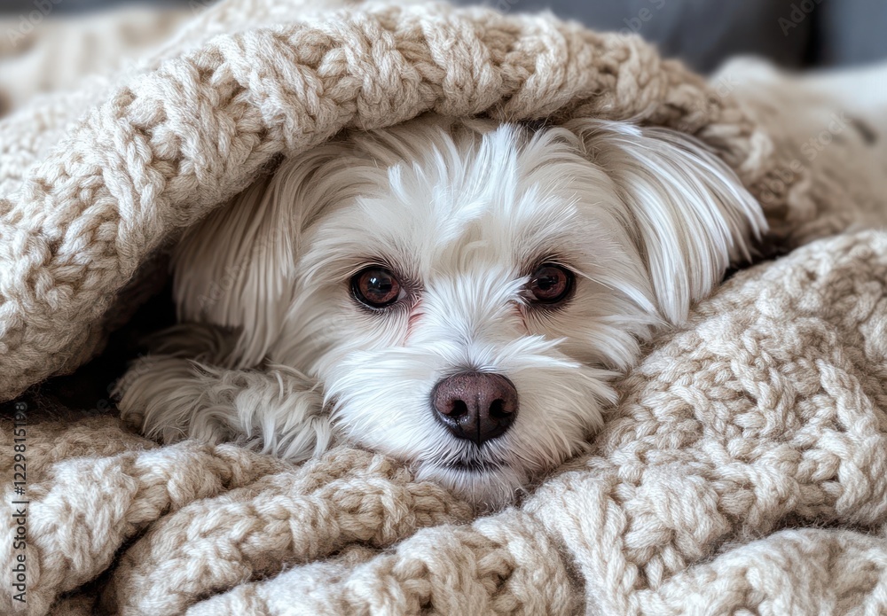 Cozy white dog wrapped in soft cream blanket looking adorable and serene, perfect for showcasing pet comfort and warmth in a household setting Cozy white dog wrapped in soft cream blanket looking adorable and serene, perfect for showcasing pet comfort and warmth in a household setting