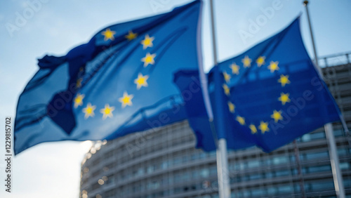 Dynamic EU Flags Fluttering at European Parliament in Brussels, Ideal for Political, Educational, and Tourism Promotional Materials