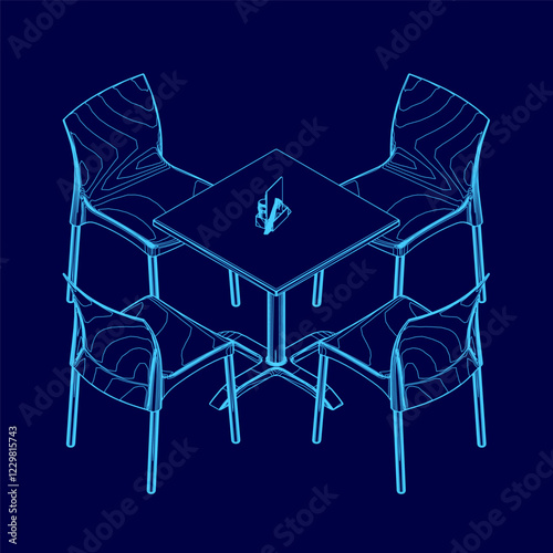 Blue drawing of a table with four chairs around it. The chairs are all different sizes and are arranged in a square formation.