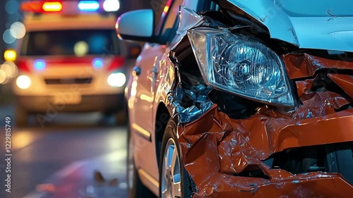 A car crash occurs late at night in a busy urban area. Emergency responders arrive quickly at the scene to assess the situation and provide assistance to those involved.