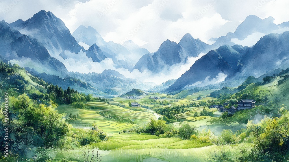 Naklejka premium Serene mountain valley rice terraces landscape